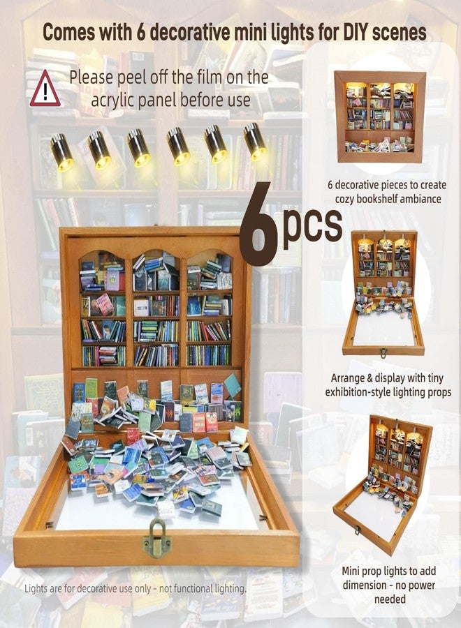 Silanit 10.2 x 9.1 x 3.1 in Anxiety Bookshelf with 400 Mini Book Pieces includes 6 Decorative Mini Lights, Miniature Bookshelf for Tiny Home, Library Decor, Book Organizer for Office Desk, Bookish Spaces - Image 3